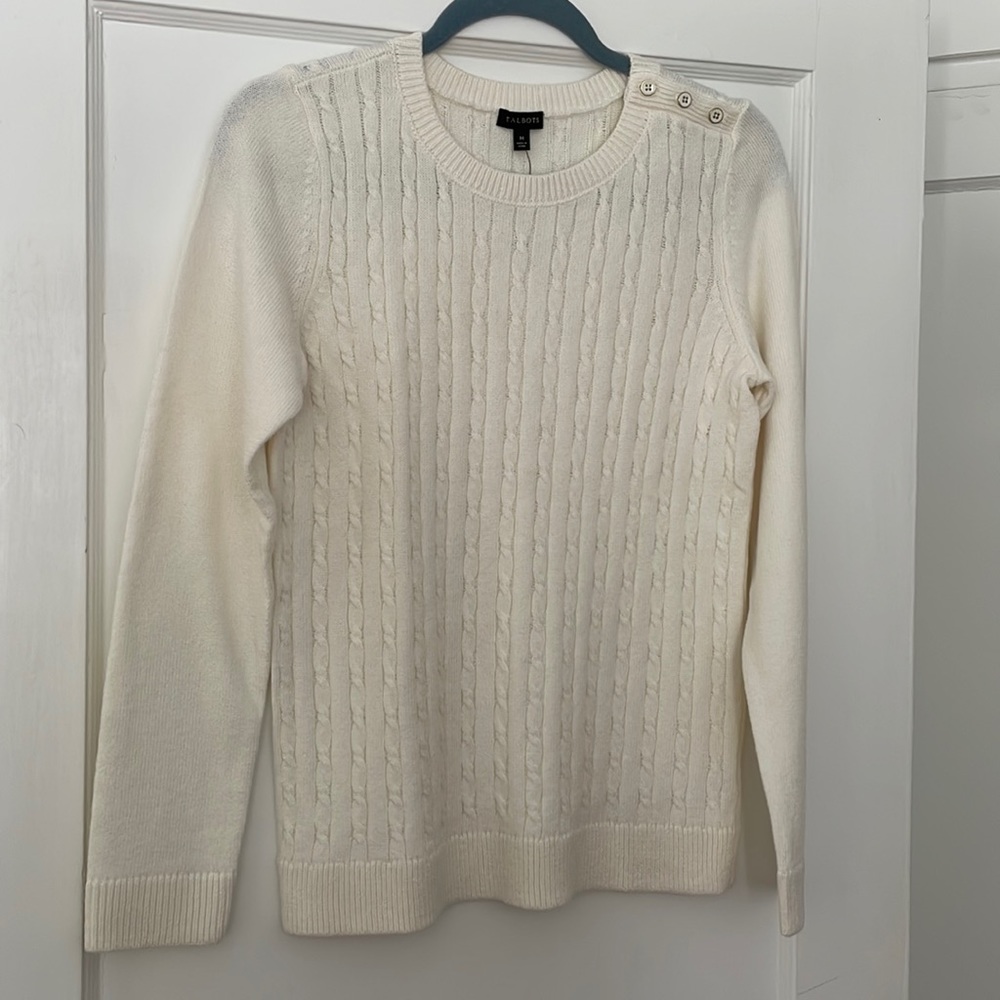 Talbots Off-White Crew Neck Cable Knit Sweater | NWT Size M